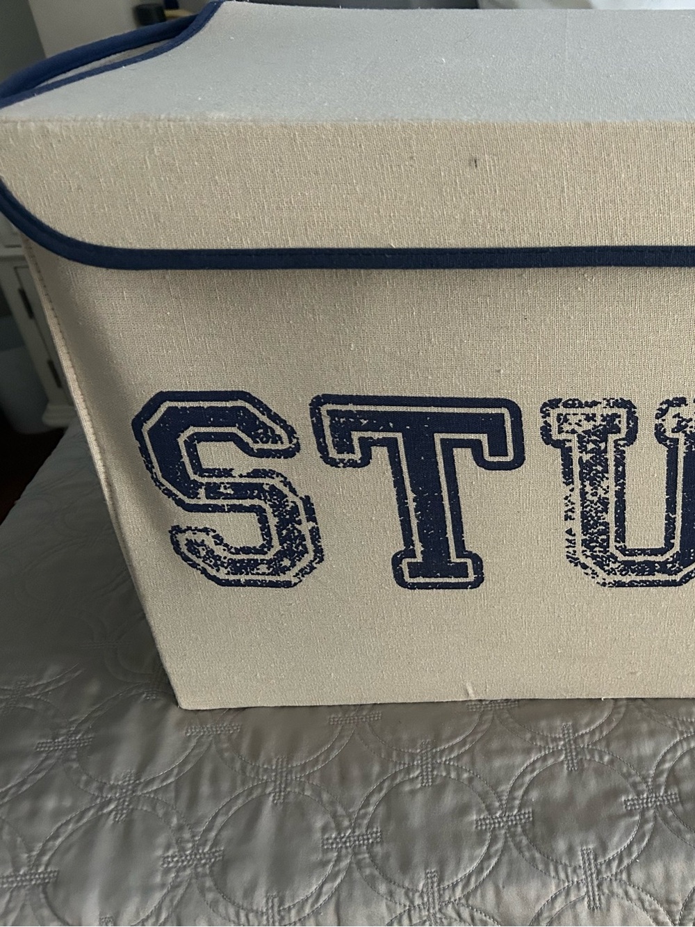 Canvas Storage Bin "STUFF" Navy Trim Varsity Letters
